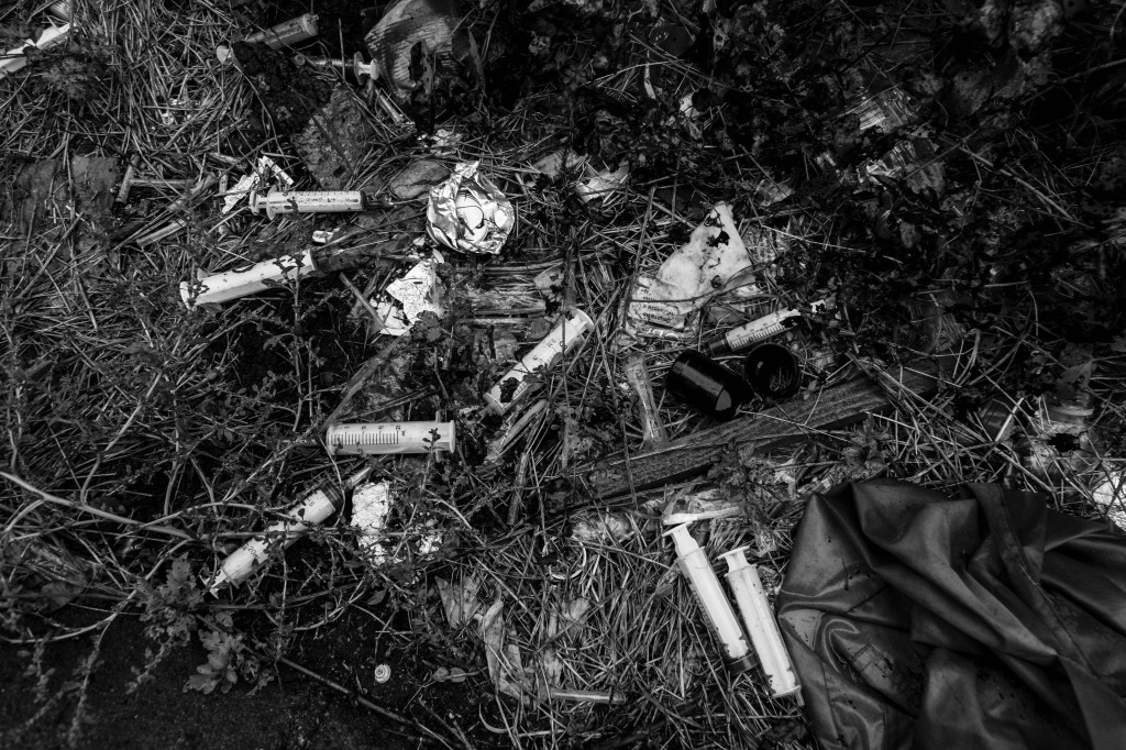 Used syringes are seen lying next to train tracks in a suburb of Sofia.